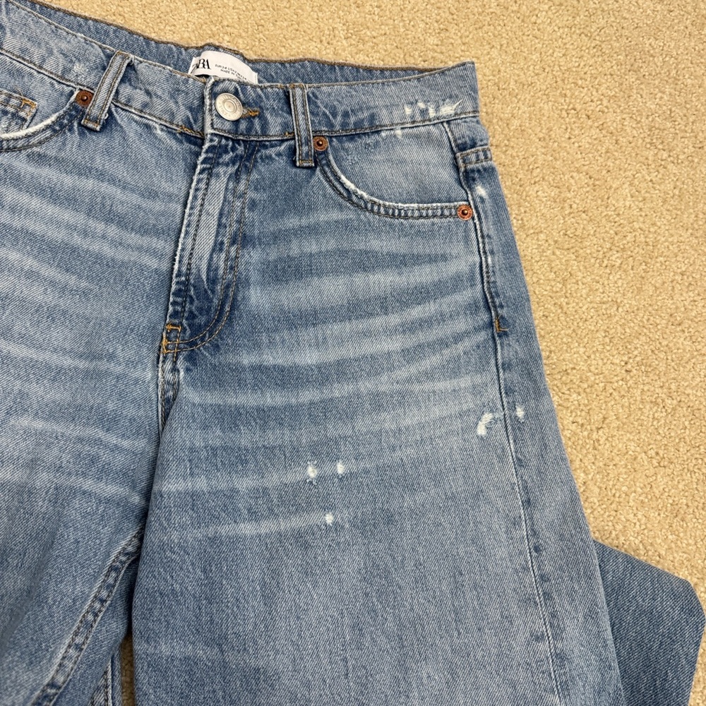 Zara Wide Straight Jeans Size 2 Fringed Hem - Picture 8 of 14